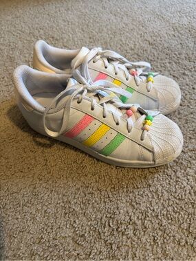 ADIDAS Women’s 5.5 White Sneakers with Pink, Yellow & Green Stripes